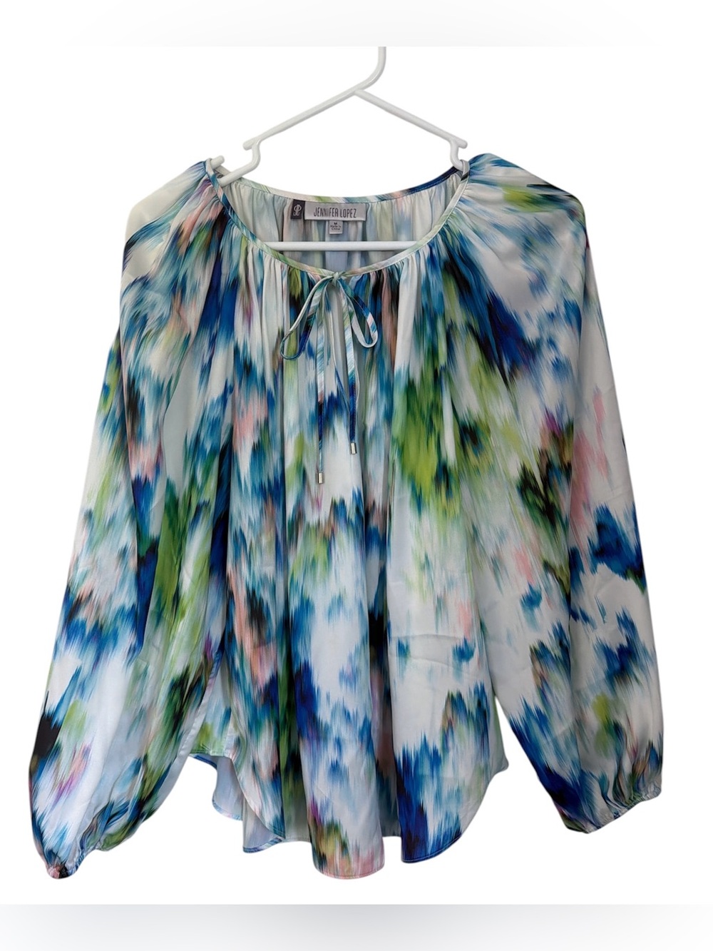 Jennifer Lopez Womenās M Abstract Watercolor Chiffon Tie Keyhole Peasant Blouse